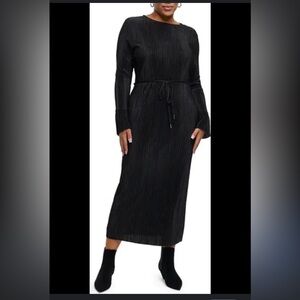 River Island Belted Long Sleeve Plissé Midi Dress in Black Size 6